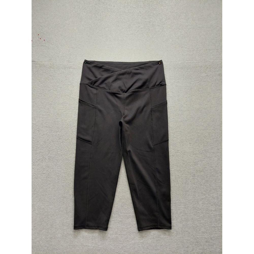 Earth Yoga Women Athletic Leggings L Black Crossover Waistband Pockets Active